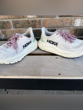 Hoka Women’s White Sneakers with Pink Laces and Mint Heel Accent